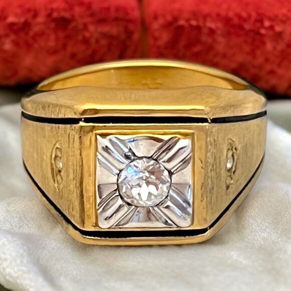 Vintage Uncas Ring Size 10 14K Gold Plate Cubic Zirconia Mid-Century Gent's 14O